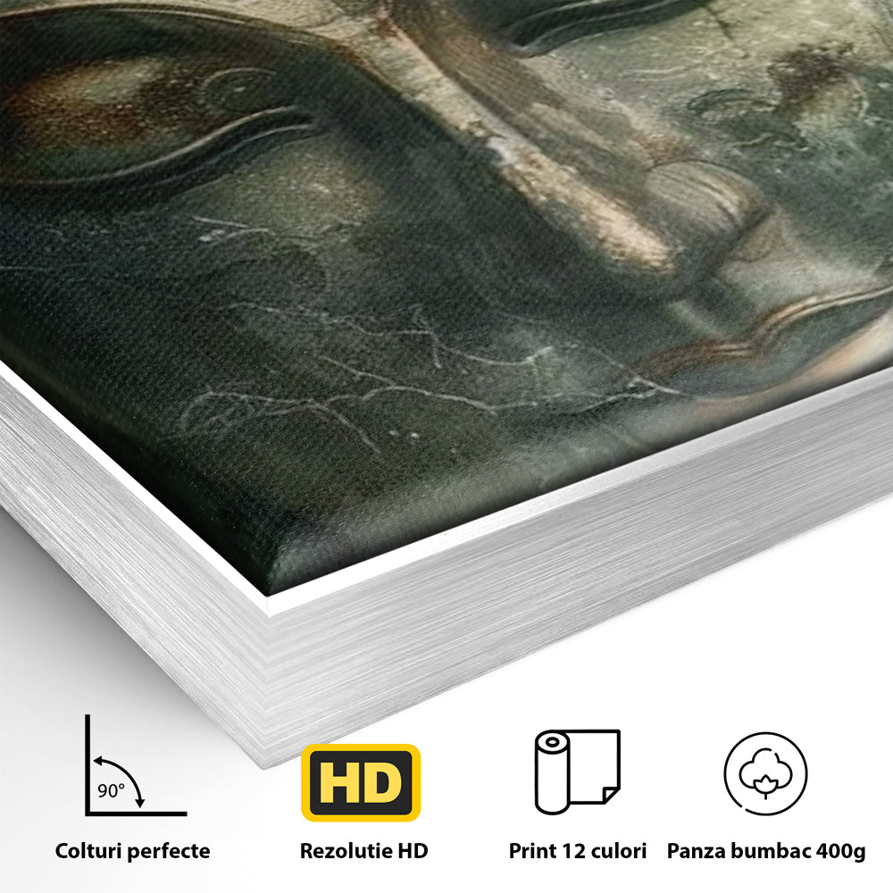 Detaliu al suprafetei: tablou canvas cu portretul lui buddha, in rama de aluminiu argintiu